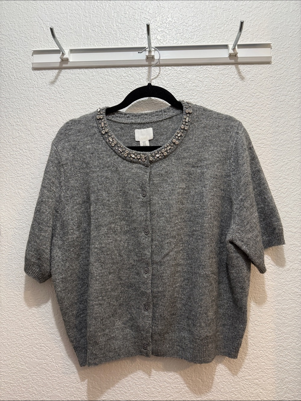 H&M Gray Jeweled Crewneck Short Sleeve Cardigan